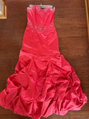 Masquerade Strapless Beaded Gown in Bright Coral